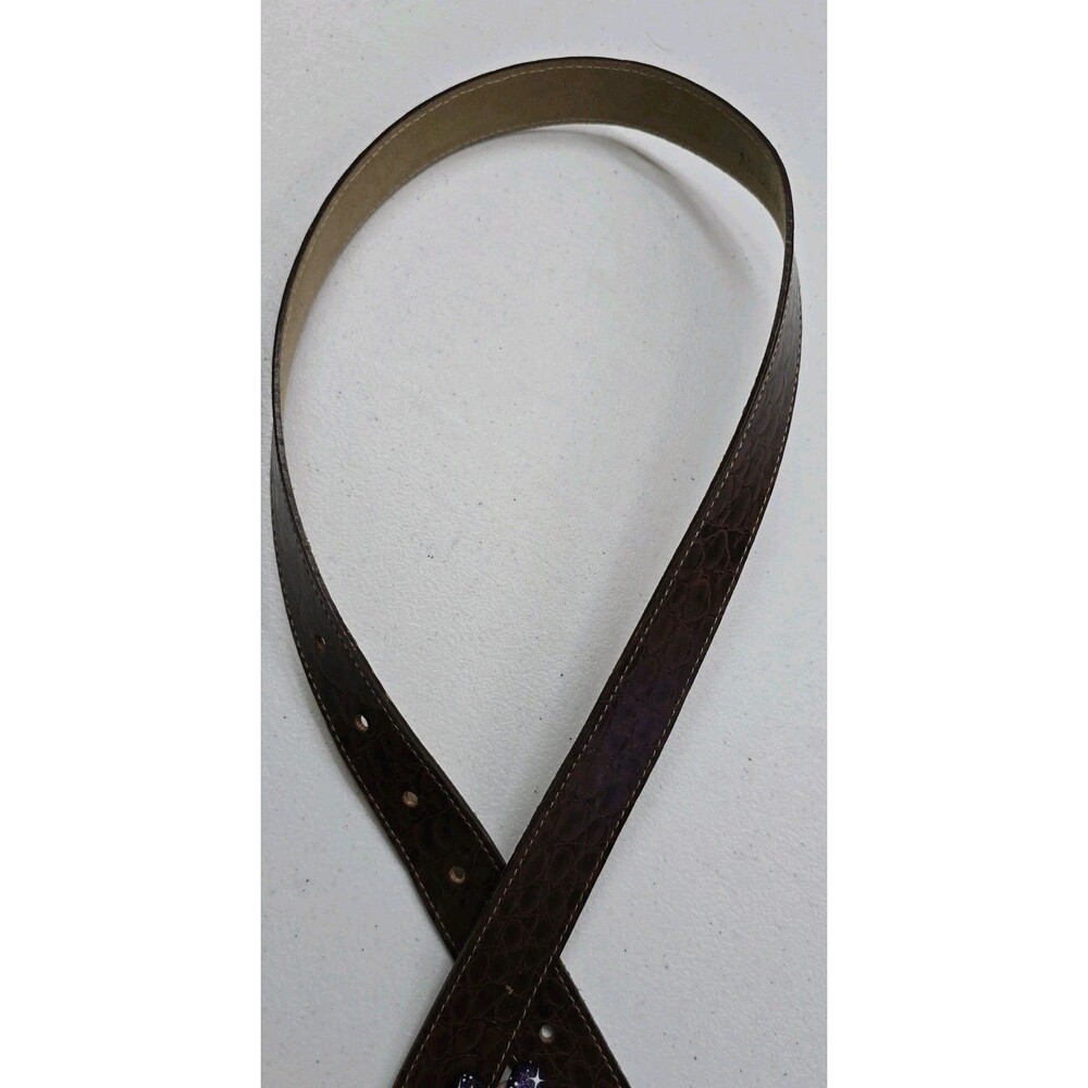 Brown Alligator Pattern Leather Belt Womens Medium 33" Gold Buckle Boho Cowgirl